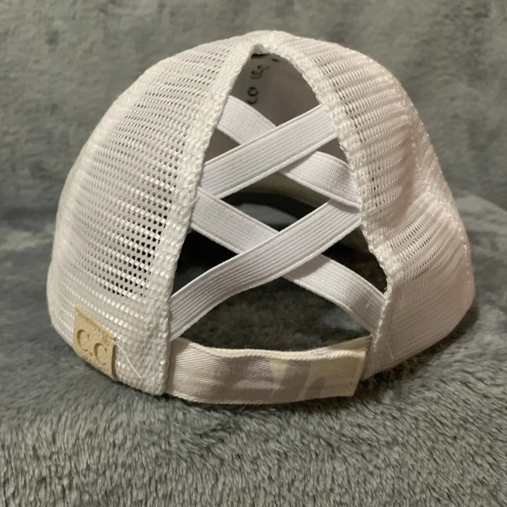 CC Girls Ponytail Trucker Hat Camo Grey White Distressed Mesh Back Messy Bun Cap